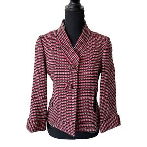 Etcetera Wool BIend Red Black Woven Diamond Tweed Blazer